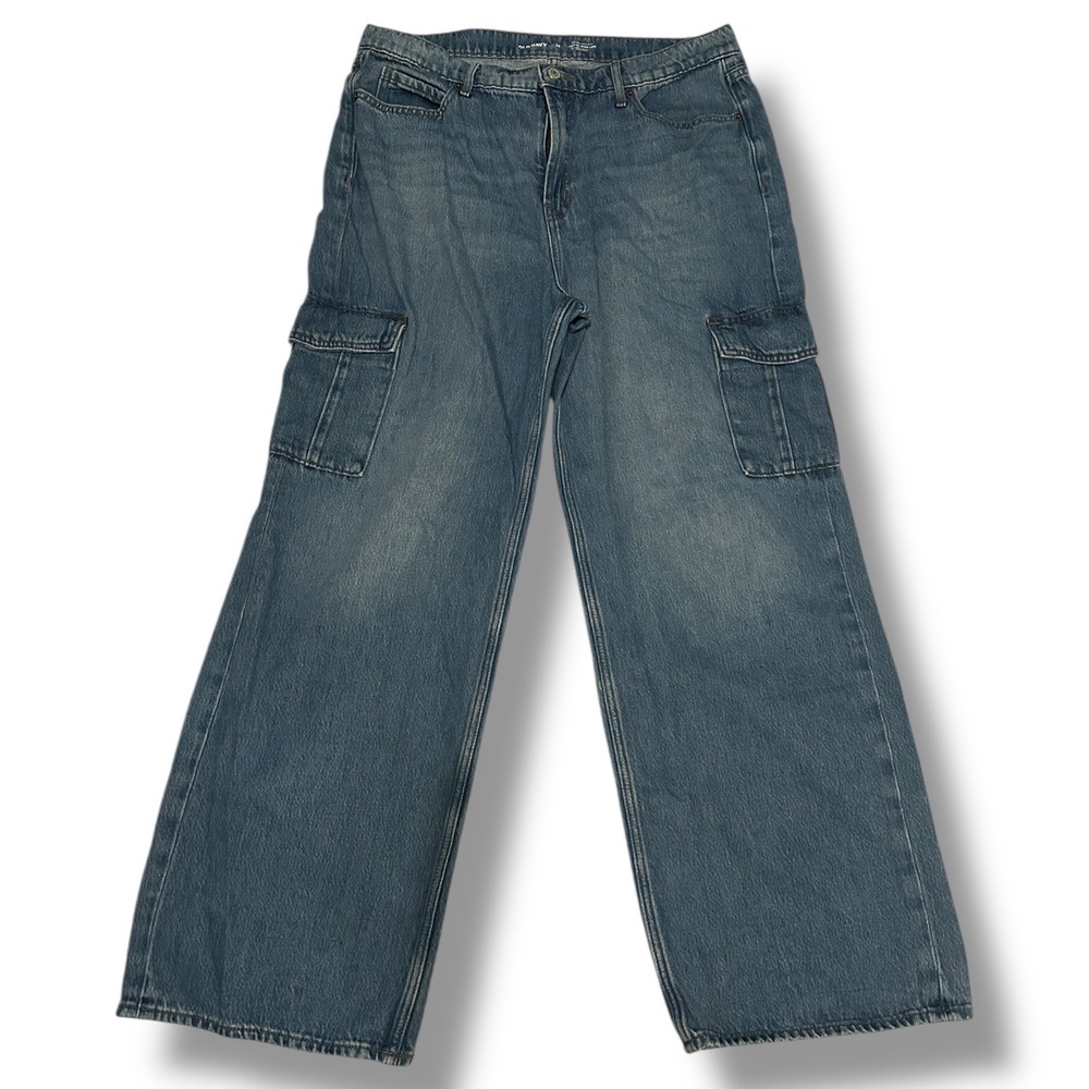 Old Navy Sky-Hi Extra High Rise Wide Leg Cargo Jeans Womens 14 Medium Wash Blue